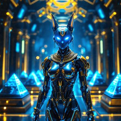 The primary subject of the image is a woman dressed in futuristic armor, standing in a futuristic setting. The setting includes a blue background and a series of triangular structures. The visual style of the image is digital art, with the woman's armor and the background featuring a mix of blue and gold colors. The overall atmosphere of the image is futuristic and technological.